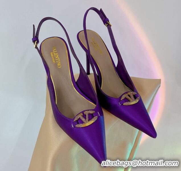 Top Grade Valentino The Bold Edition VLogo Slingback Pumps 9cm in Satin with Crystals Purple 0227061