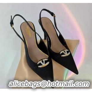 Best Product Valentino The Bold Edition VLogo Slingback Pumps 9cm in Satin with Crystals Black 0227062