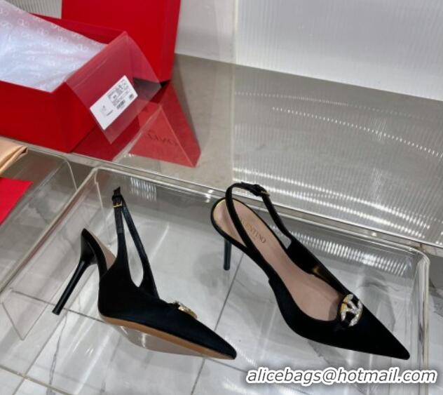 Best Product Valentino The Bold Edition VLogo Slingback Pumps 9cm in Satin with Crystals Black 0227062