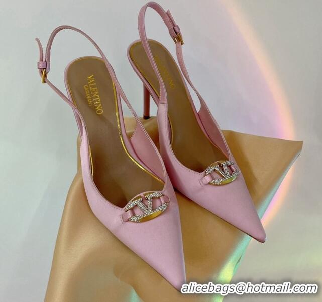 Popular Style Valentino The Bold Edition VLogo Slingback Pumps 9cm in Satin with Crystals Light Pink 0227063