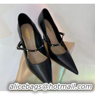 Top Design Valentino Roman Stud Mary Janes Pumps 9.5cm in Calfskin Black 0227064