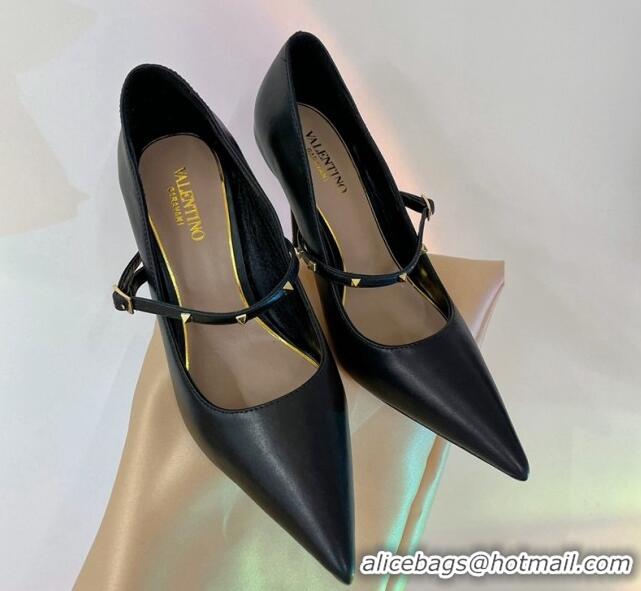 Top Design Valentino Roman Stud Mary Janes Pumps 9.5cm in Calfskin Black 0227064