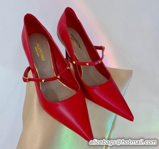 Cheap Price Valentino Roman Stud Mary Janes Pumps 9.5cm in Calfskin Red 0227065