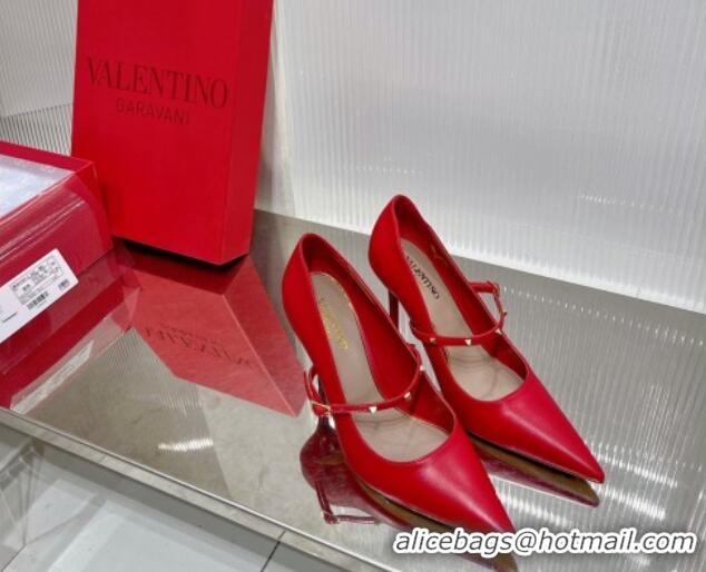 Cheap Price Valentino Roman Stud Mary Janes Pumps 9.5cm in Calfskin Red 0227065