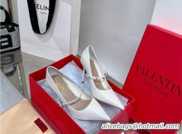 Durable Valentino Roman Stud Mary Janes Pumps 9.5cm in Calfskin White 0227066