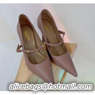 Fashion Valentino Roman Stud Mary Janes Pumps 9.5cm in Calfskin Nude 227067