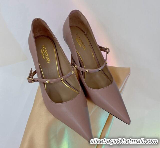 Fashion Valentino Roman Stud Mary Janes Pumps 9.5cm in Calfskin Nude 227067