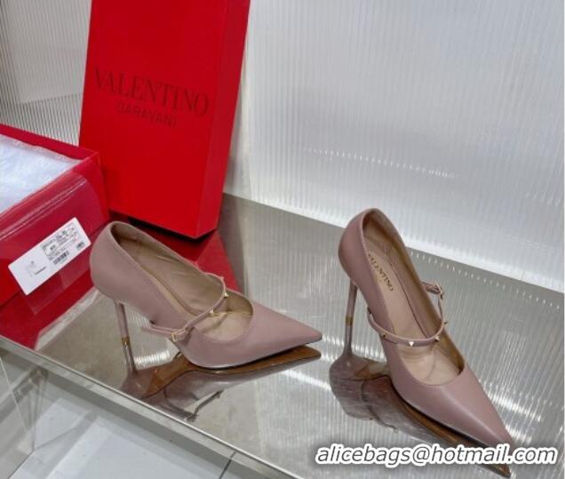 Fashion Valentino Roman Stud Mary Janes Pumps 9.5cm in Calfskin Nude 227067