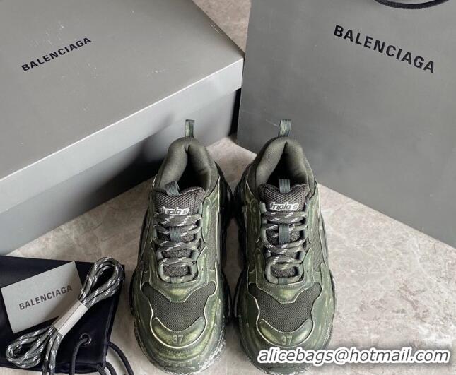 Best Price Balenciaga Triple S Trainers Sneakers in Leather and Mesh Distressed Green 0223056