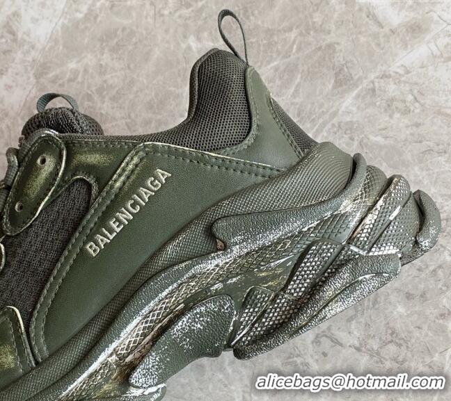 Best Price Balenciaga Triple S Trainers Sneakers in Leather and Mesh Distressed Green 0223056