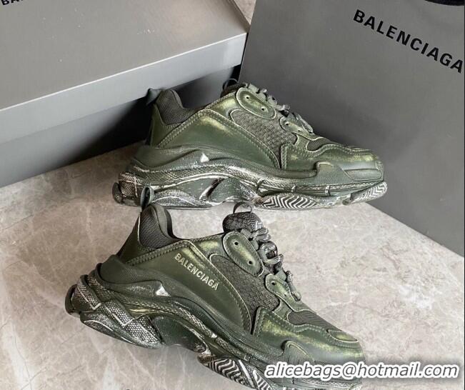 Best Price Balenciaga Triple S Trainers Sneakers in Leather and Mesh Distressed Green 0223056