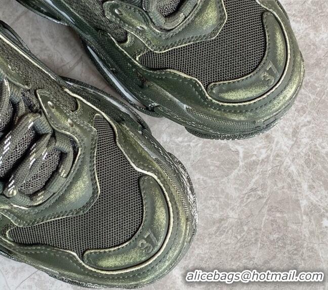 Best Price Balenciaga Triple S Trainers Sneakers in Leather and Mesh Distressed Green 0223056