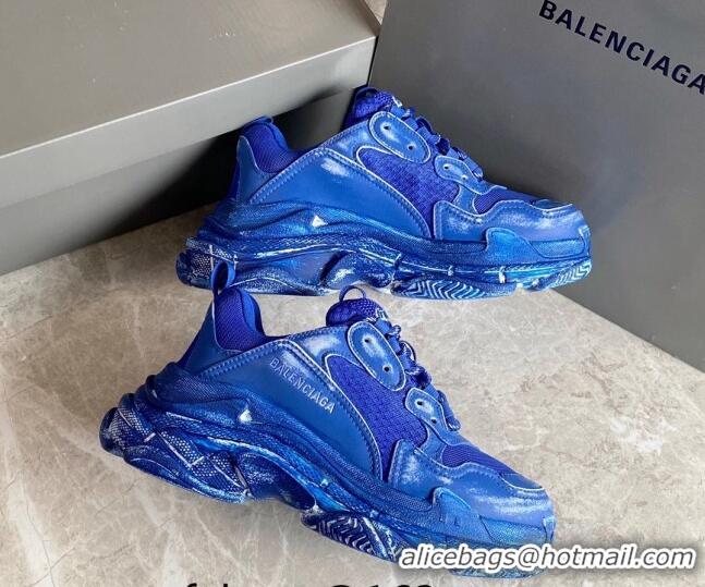 Luxurious Balenciaga Triple S Trainers Sneakers in Leather and Mesh Distressed Blue 0223057