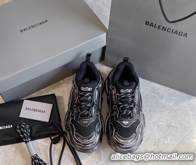 Shop Duplicate Balenciaga Triple S Trainers Sneakers in Leather and Mesh Distressed Black 223061