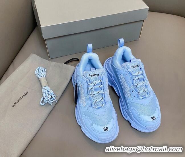 Best Grade Balenciaga Triple S Trainers Sneakers in Leather and Mesh Ice Blue 0223075