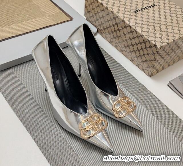 Unique Style Balenciaga Square Knife BB Pumps 10cm in Metallic Effect Calfskin Silver 321118