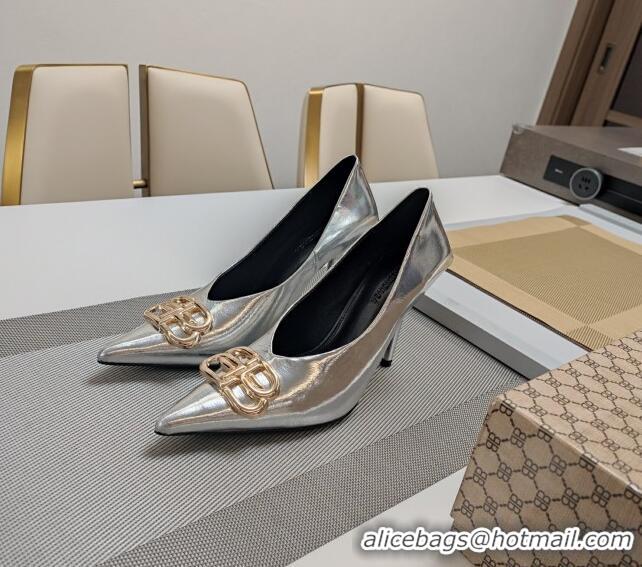 Unique Style Balenciaga Square Knife BB Pumps 10cm in Metallic Effect Calfskin Silver 321118