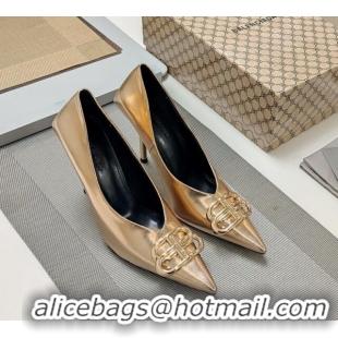 Good Quality Balenciaga Square Knife BB Pumps 10cm in Metallic Effect Calfskin Champagne 0321119