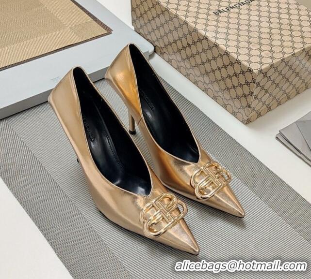 Good Quality Balenciaga Square Knife BB Pumps 10cm in Metallic Effect Calfskin Champagne 0321119