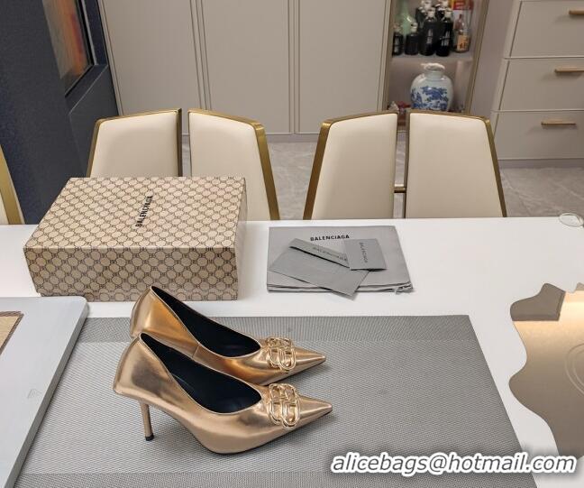 Good Quality Balenciaga Square Knife BB Pumps 10cm in Metallic Effect Calfskin Champagne 0321119