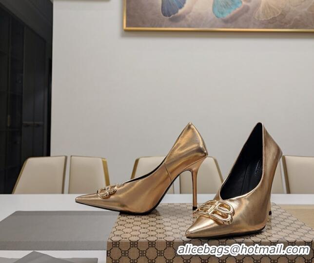 Good Quality Balenciaga Square Knife BB Pumps 10cm in Metallic Effect Calfskin Champagne 0321119