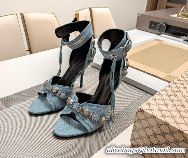 Good Quality Balenciaga Cagole 9cm Sandals in Washed Denim with Studs Buckle Light Blue 0321124