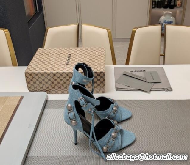 Good Quality Balenciaga Cagole 9cm Sandals in Washed Denim with Studs Buckle Light Blue 0321124