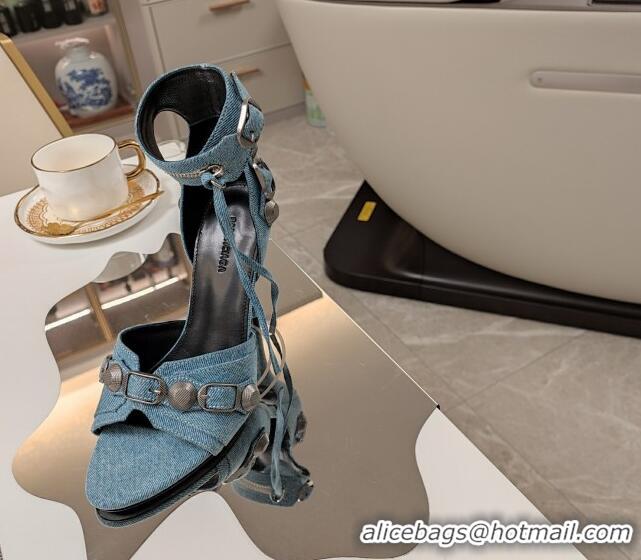 Good Quality Balenciaga Cagole 9cm Sandals in Washed Denim with Studs Buckle Light Blue 0321124