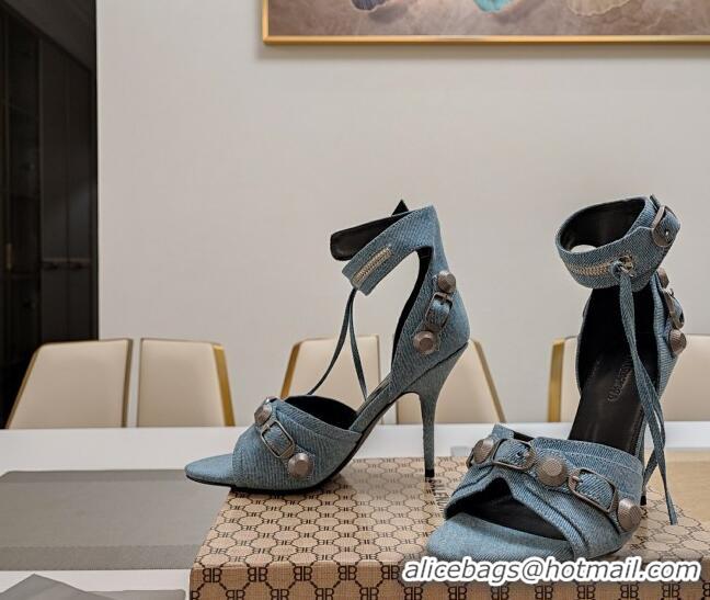 Good Quality Balenciaga Cagole 9cm Sandals in Washed Denim with Studs Buckle Light Blue 0321124