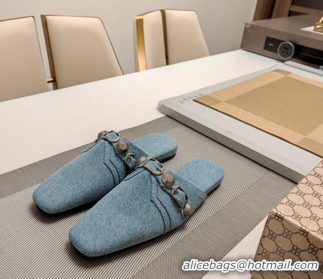 Best Grade Balenciaga Cagole Flat Mules in Washed Denim with Studs Buckle Light Blue 0321125