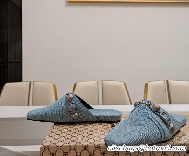 Best Grade Balenciaga Cagole Flat Mules in Washed Denim with Studs Buckle Light Blue 0321125