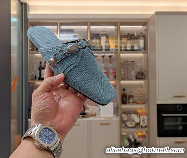 Best Grade Balenciaga Cagole Flat Mules in Washed Denim with Studs Buckle Light Blue 0321125