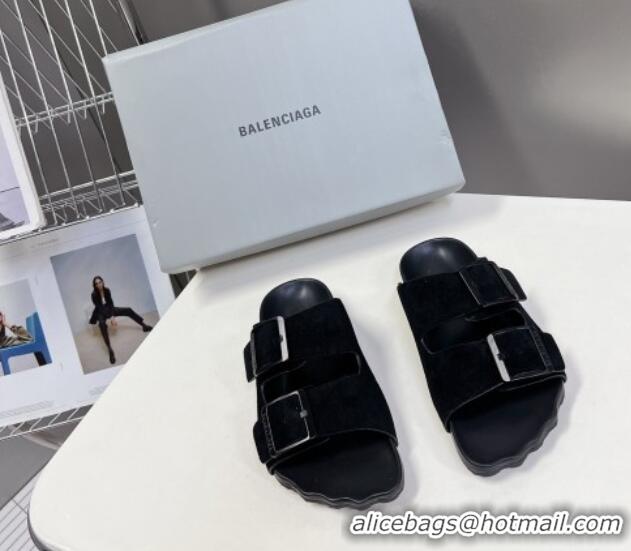 Best Product Balenciaga Sunday Flat Slide Sandals in Suede Black 0321130