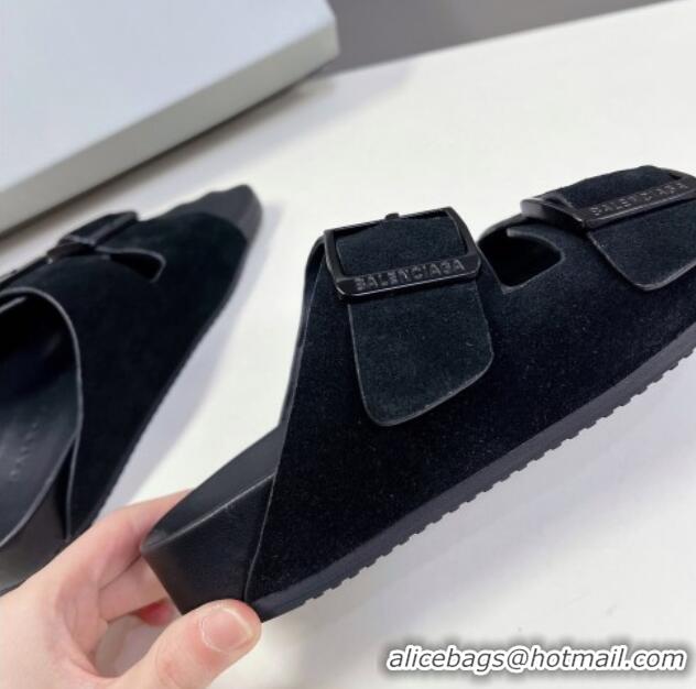 Best Product Balenciaga Sunday Flat Slide Sandals in Suede Black 0321130