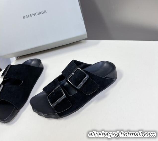 Best Product Balenciaga Sunday Flat Slide Sandals in Suede Black 0321130