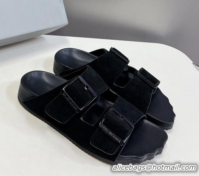 Best Product Balenciaga Sunday Flat Slide Sandals in Suede Black 0321130