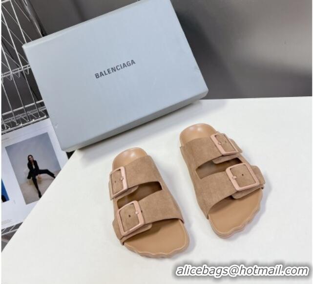 Grade Quality Balenciaga Sunday Flat Slide Sandals in Suede Camel 321132