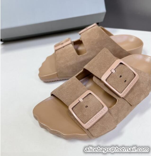 Grade Quality Balenciaga Sunday Flat Slide Sandals in Suede Camel 321132