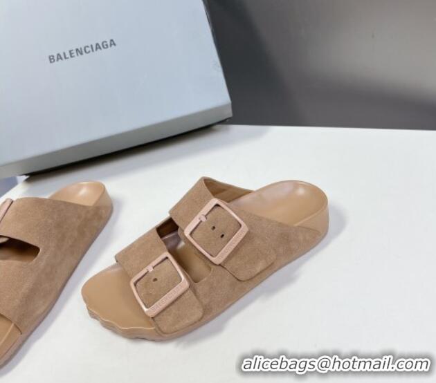 Grade Quality Balenciaga Sunday Flat Slide Sandals in Suede Camel 321132