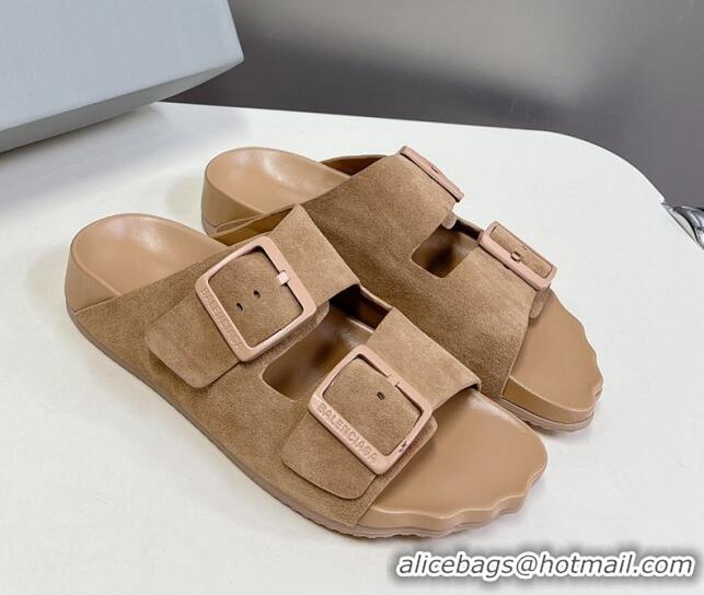 Grade Quality Balenciaga Sunday Flat Slide Sandals in Suede Camel 321132