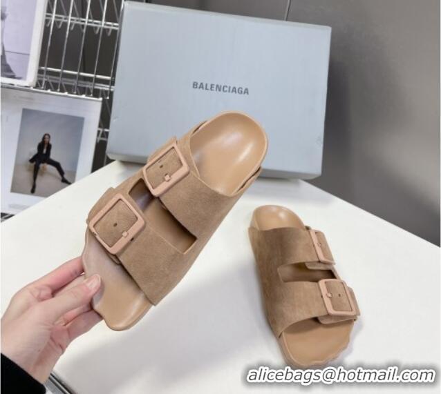 Grade Quality Balenciaga Sunday Flat Slide Sandals in Suede Camel 321132