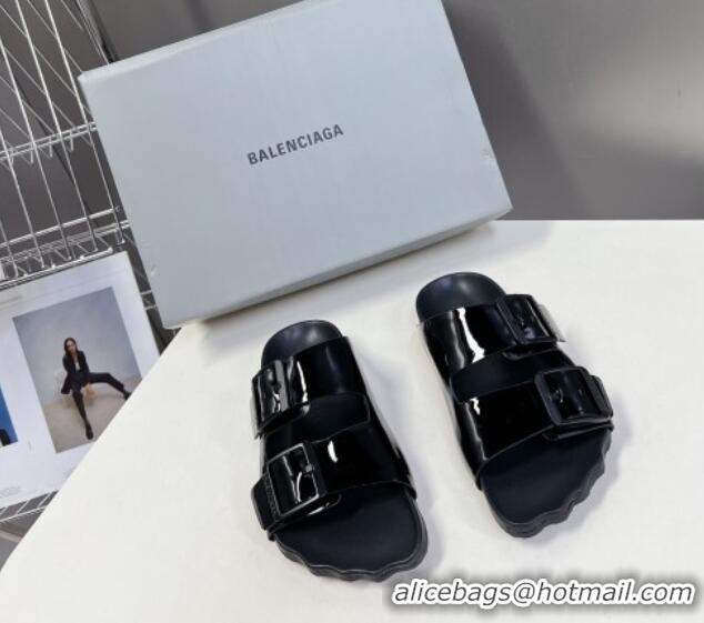 Popular Style Balenciaga Sunday Flat Slide Sandals in Patent Leather Black 321133