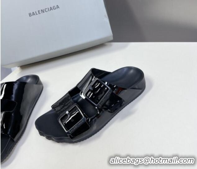 Popular Style Balenciaga Sunday Flat Slide Sandals in Patent Leather Black 321133