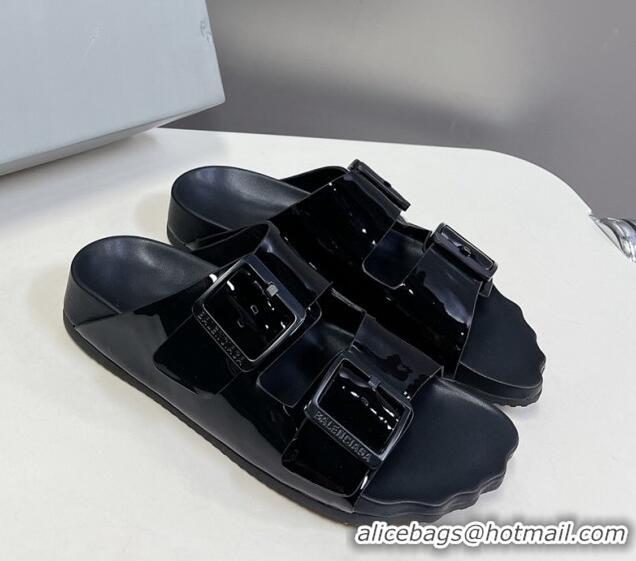 Popular Style Balenciaga Sunday Flat Slide Sandals in Patent Leather Black 321133