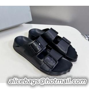 Unique Style Balenciaga Sunday Flat Slide Sandals in Calf Leather Black 321134