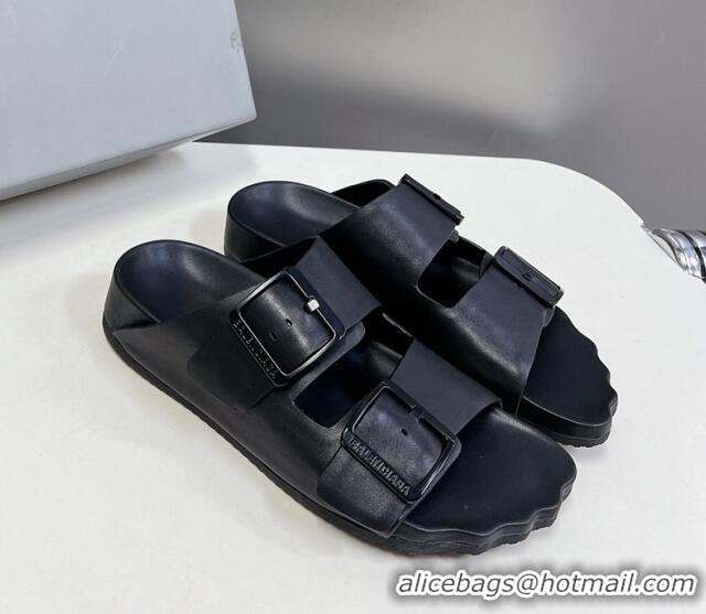 Unique Style Balenciaga Sunday Flat Slide Sandals in Calf Leather Black 321134