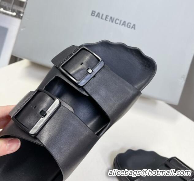 Unique Style Balenciaga Sunday Flat Slide Sandals in Calf Leather Black 321134