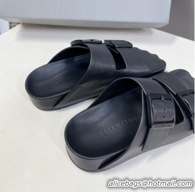 Unique Style Balenciaga Sunday Flat Slide Sandals in Calf Leather Black 321134