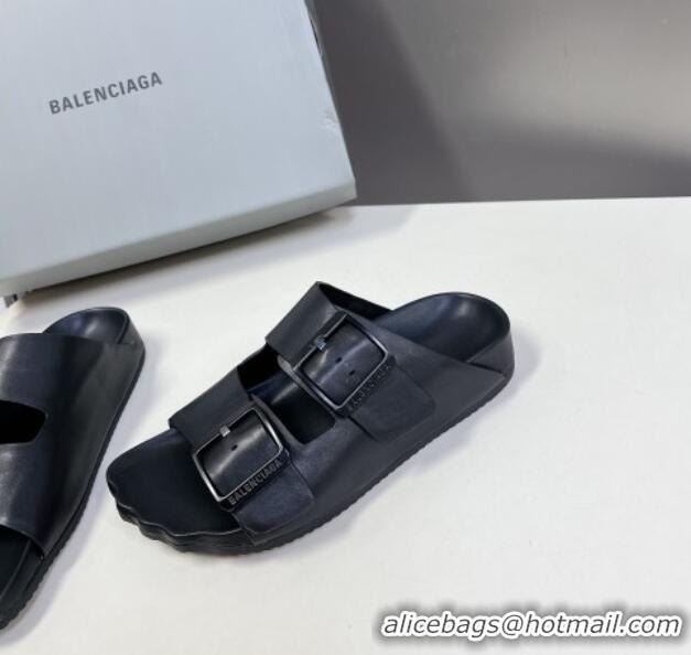 Unique Style Balenciaga Sunday Flat Slide Sandals in Calf Leather Black 321134