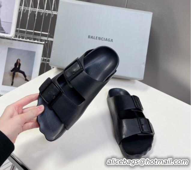 Unique Style Balenciaga Sunday Flat Slide Sandals in Calf Leather Black 321134